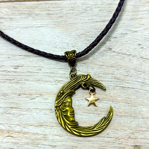 Handmade Antique Bronze Moon & Star Necklace with Real Braided Leather Cord! - Picture 1 of 6